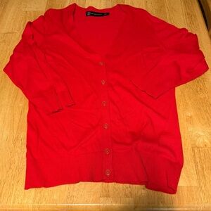 New York & Company Red Knit Cardigan V-Neck Sweater M